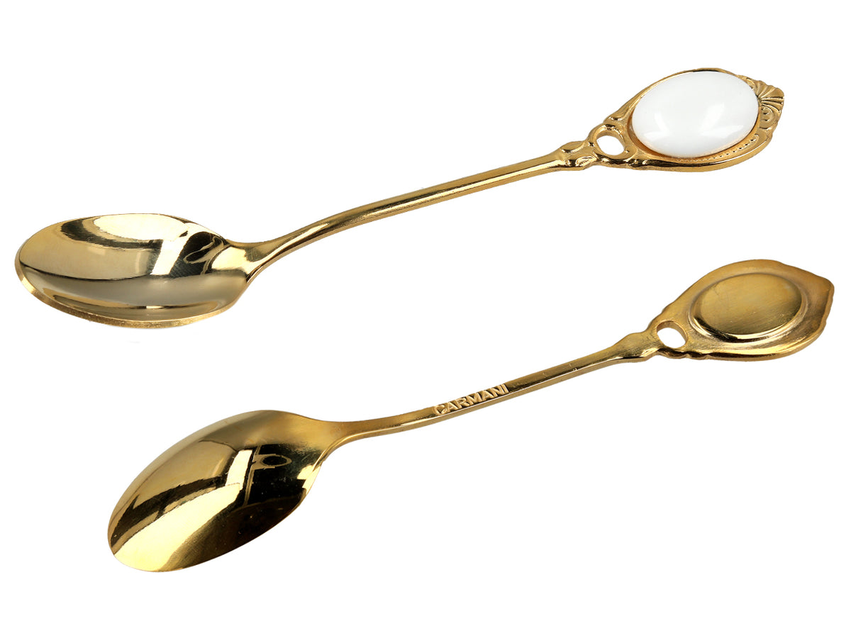 Zestaw 6 łyżeczek powlekanych 24K złotem Białe oczka CARMANI z możliwością personalizacji grawerem - elegancki prezent na każdą okazję, wymiary 13 cm
