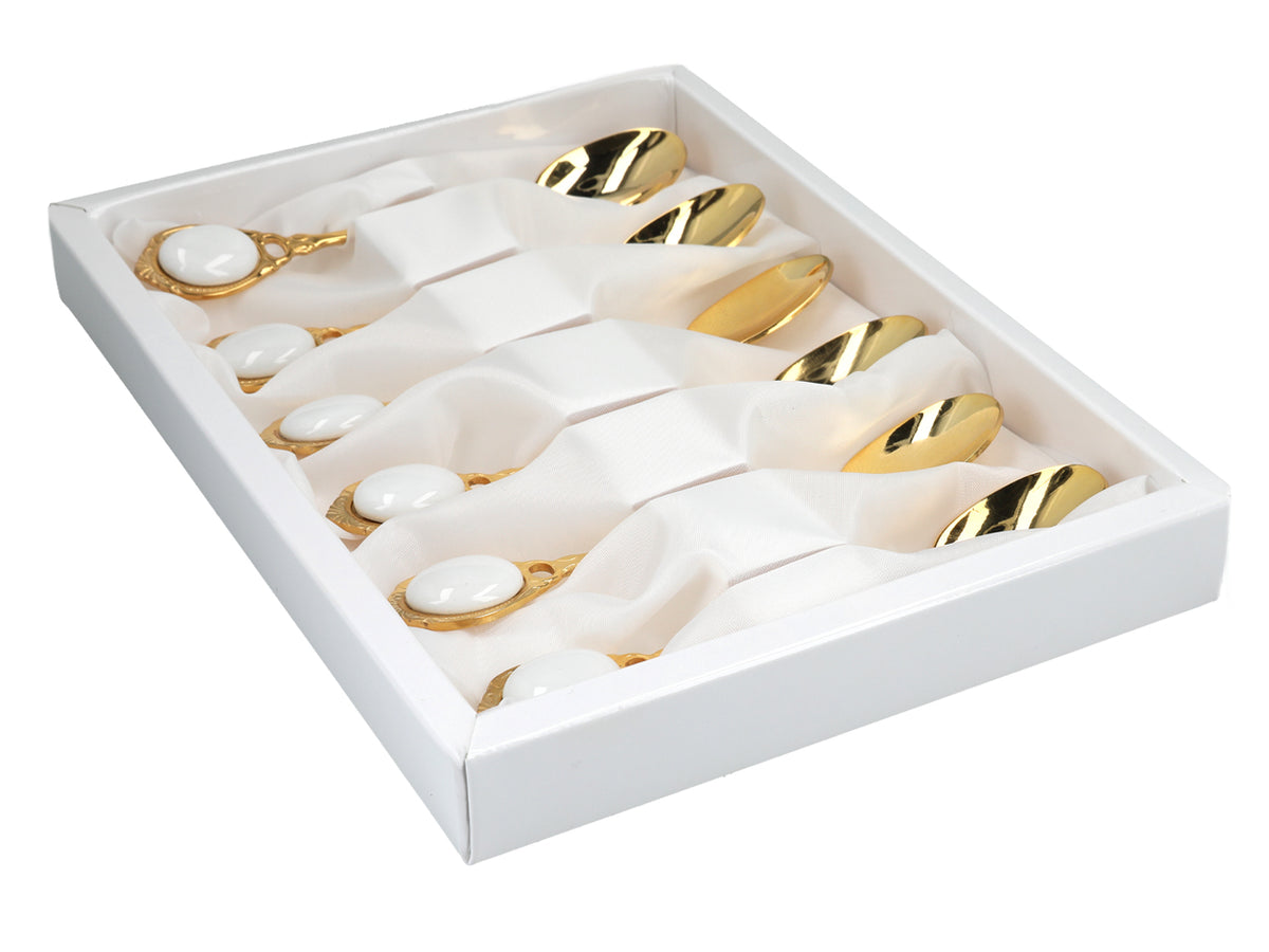 Zestaw 6 łyżeczek powlekanych 24K złotem Białe oczka CARMANI z możliwością personalizacji grawerem - elegancki prezent na każdą okazję, wymiary 13 cm