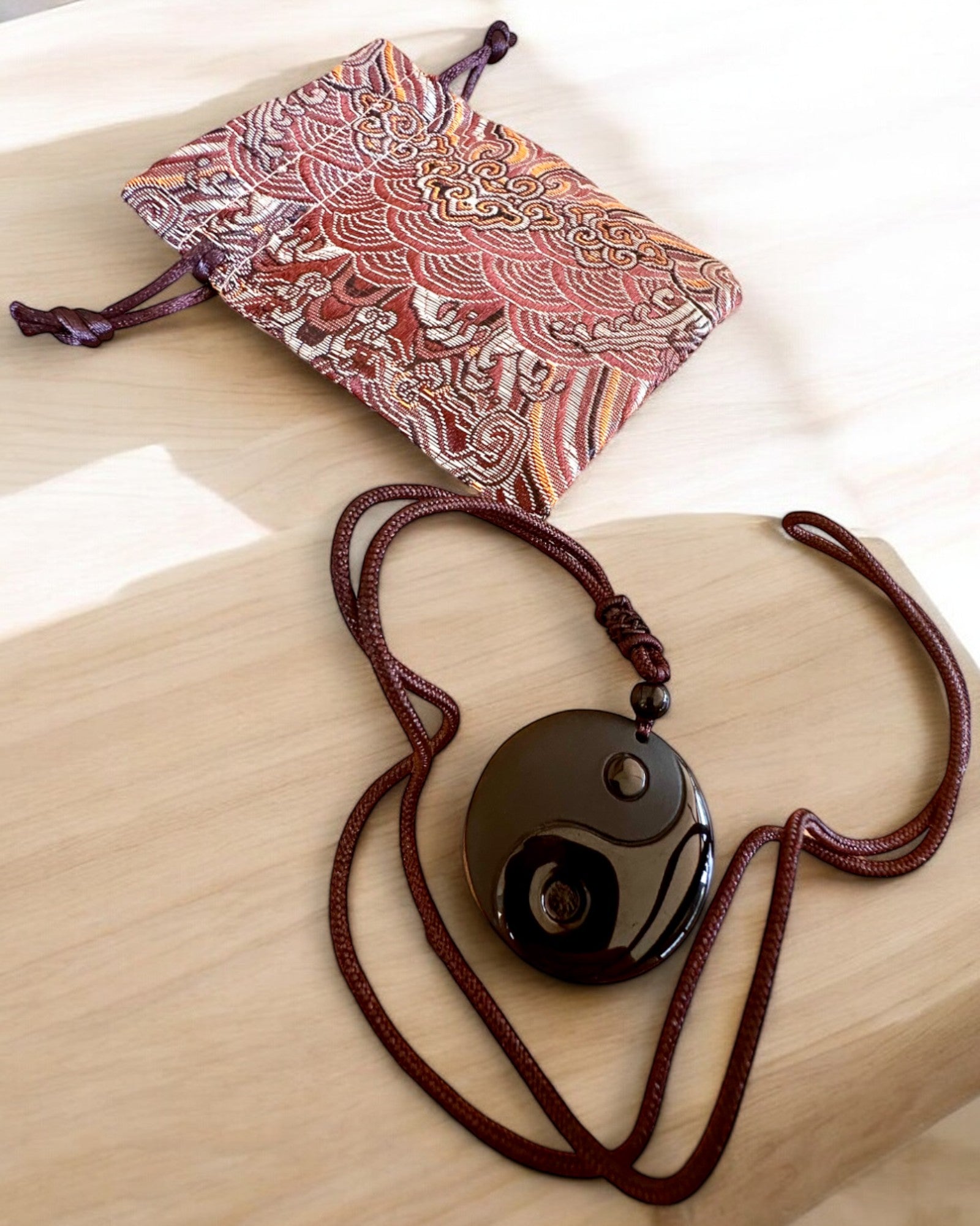 Boho Necklace with Obsidian Yin Yang Tai Chi, customizable with engraving for a gift