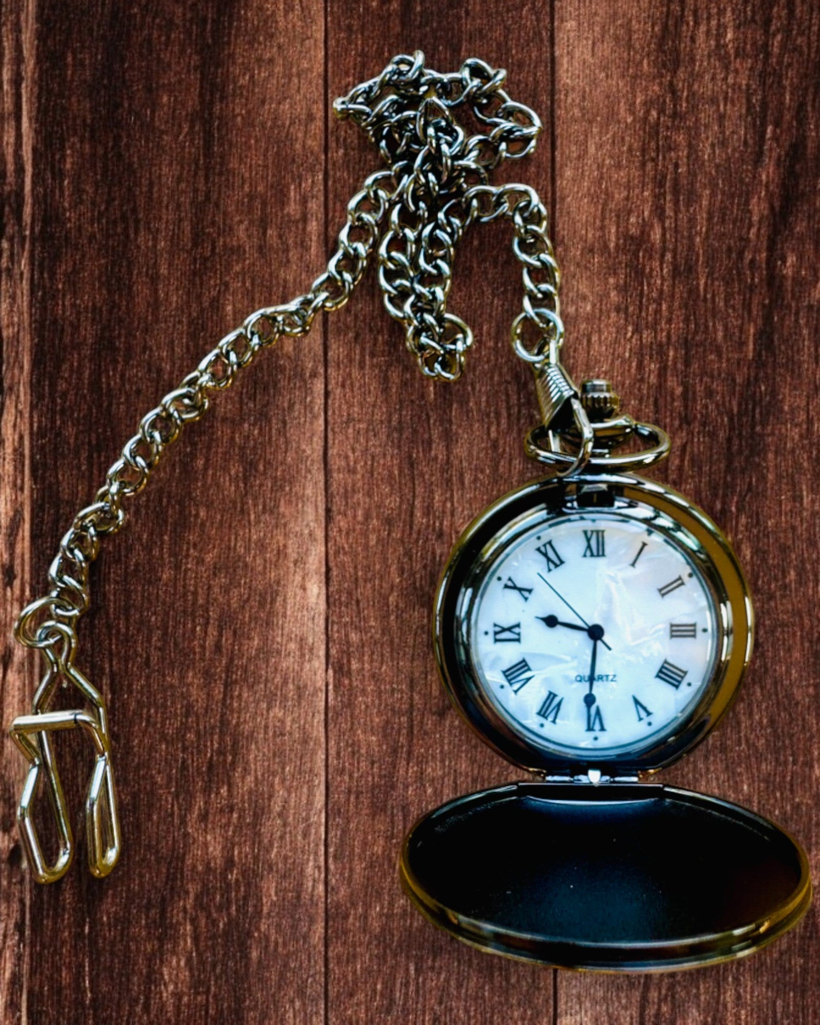 Klassieke Zakhorloge met Romeinse Cijfers en Ketting, Kwarts, Zwarte Glans - kleur zwart