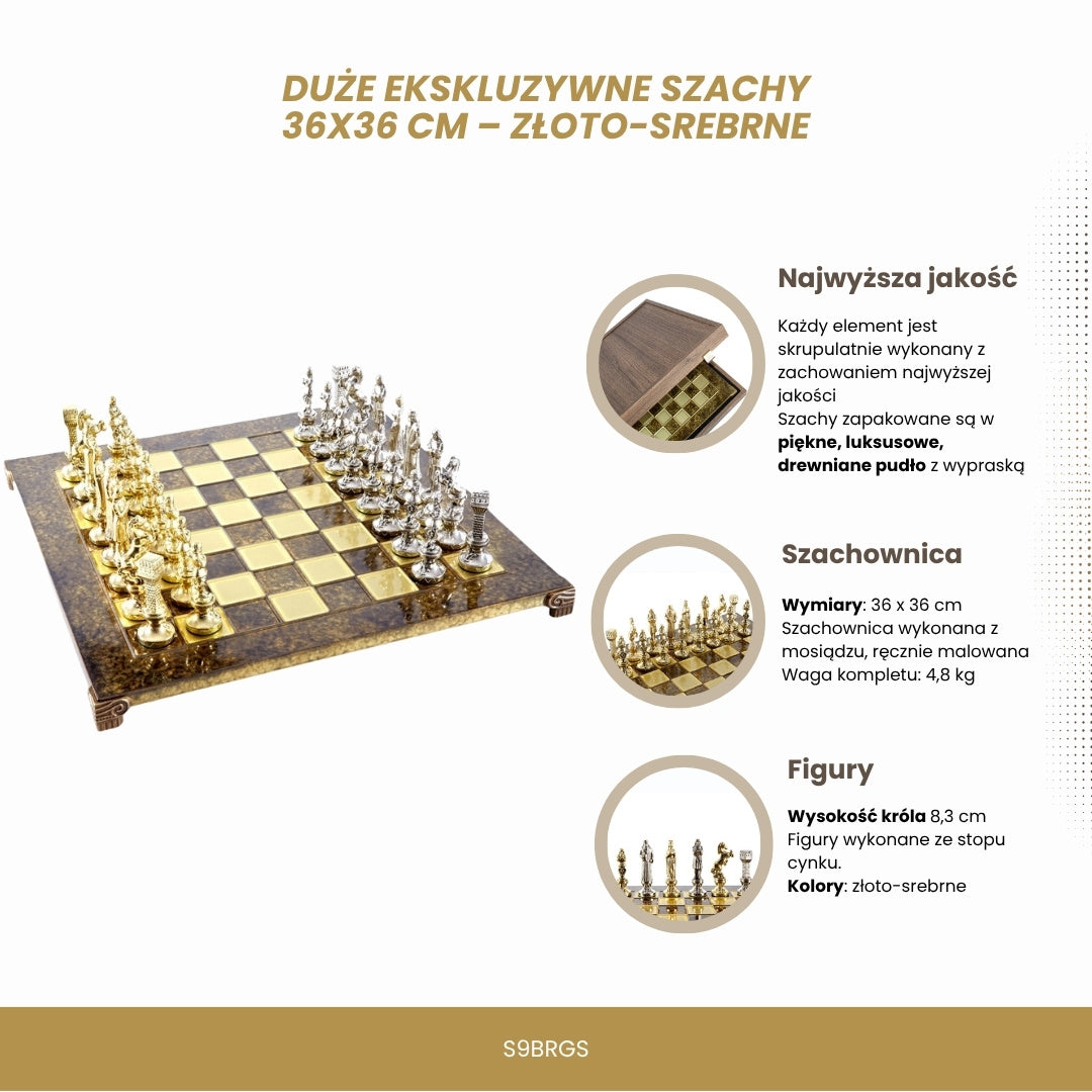 Grand jeu d’échecs exclusif – 36x36 cm – doré-argenté - Renaissance S9BRGS