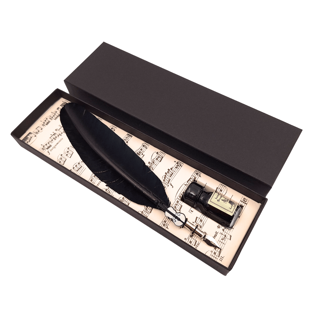 Set de calligraphie - plume d’oie noire avec plume métallique + encre - 1027