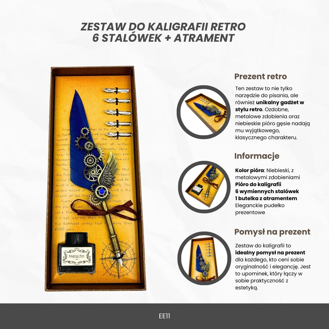 Coffret de calligraphie rétro avec plume d’oie bleue vintage, 6 plumes, encre, cadeau – EE11