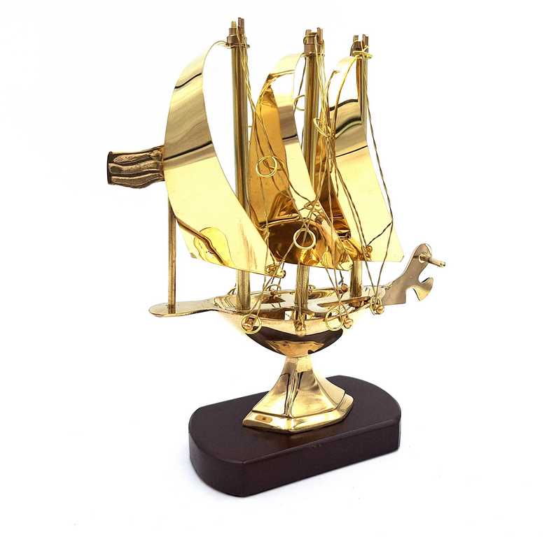 Navire en laiton sur socle en bois 20 cm - N-4450A