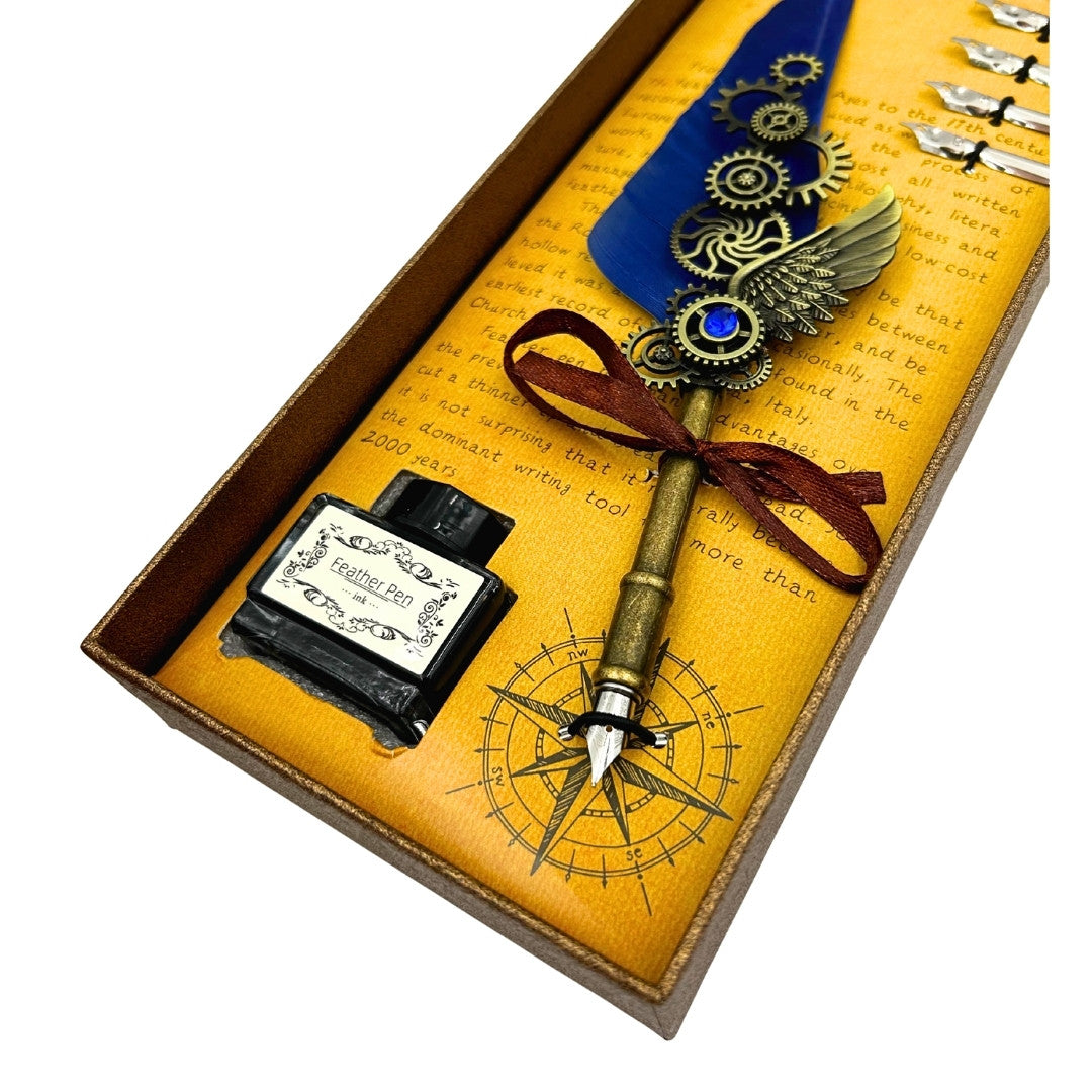 Coffret de calligraphie rétro avec plume d’oie bleue vintage, 6 plumes, encre, cadeau – EE11