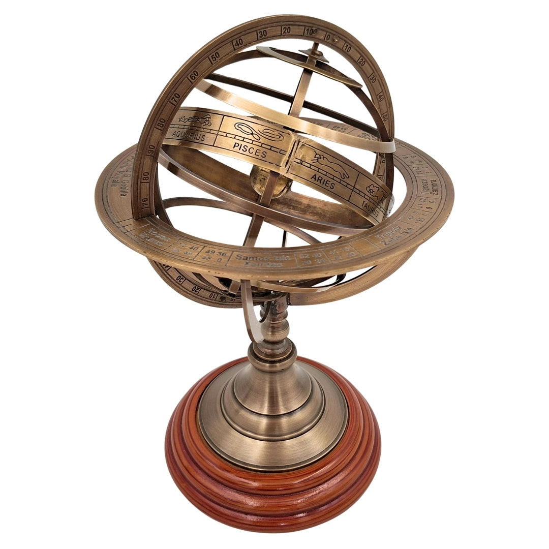 Sphärisches Astrolabium aus Messing auf Holzsockel 28 cm mit Personalisierung durch Gravur