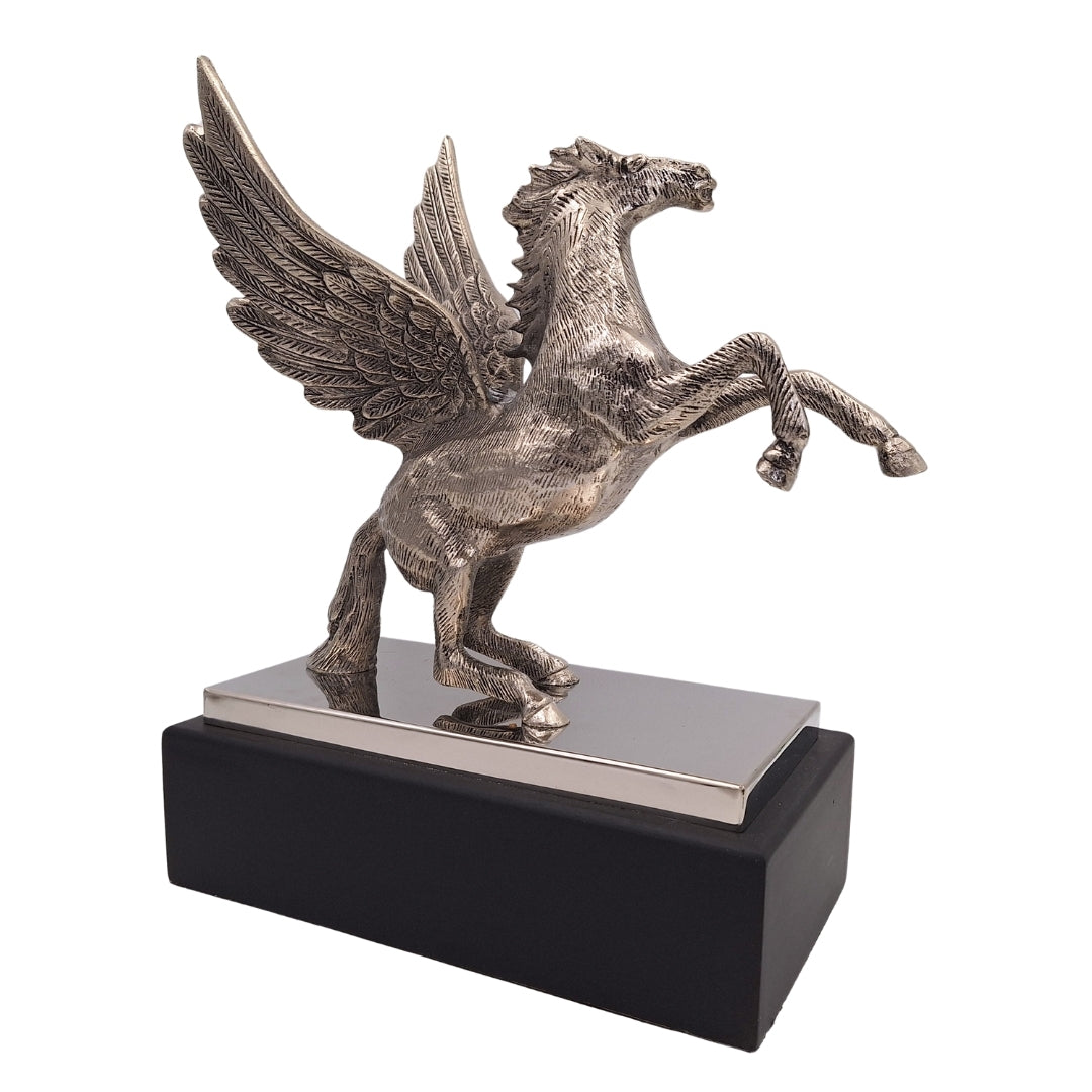 Pégase - figurine décorative en aluminium sur socle en acier et bois - NI9935