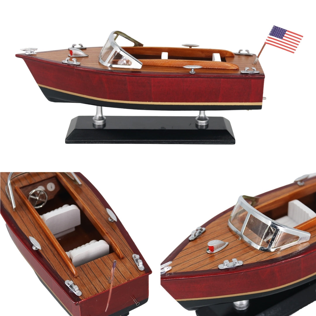 Maquette de bateau à moteur en bois – Bateau à moteur classique 26cm – Décoration de bureau – MOT04ML