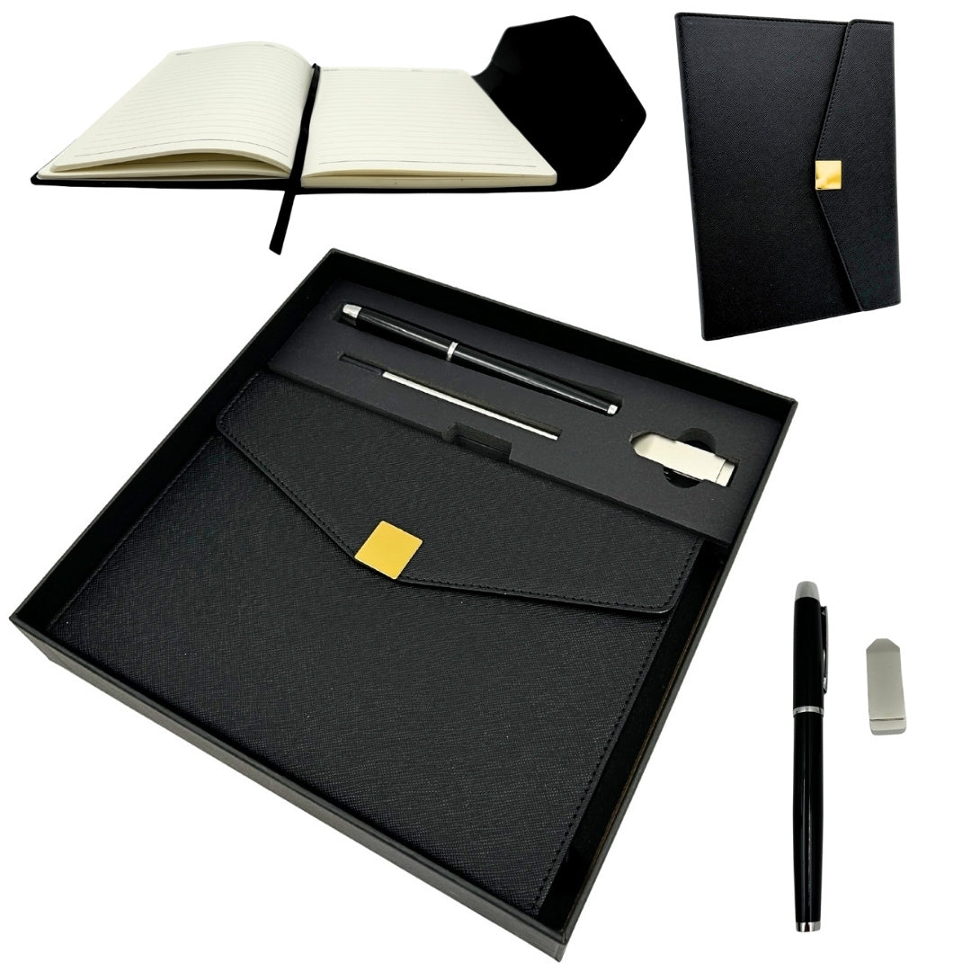 Élégant coffret cadeau premium – carnet A5 avec stylo et clé USB 16GB dans une boîte – noir et or – EE9
