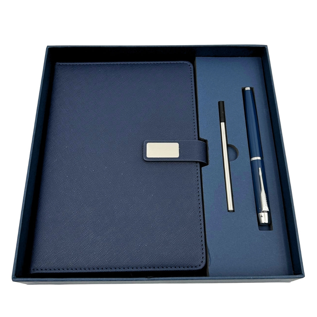 Coffret cadeau élégant carnet en cuir bleu marine A5 avec stylo dans une boîte cadeau - EE13