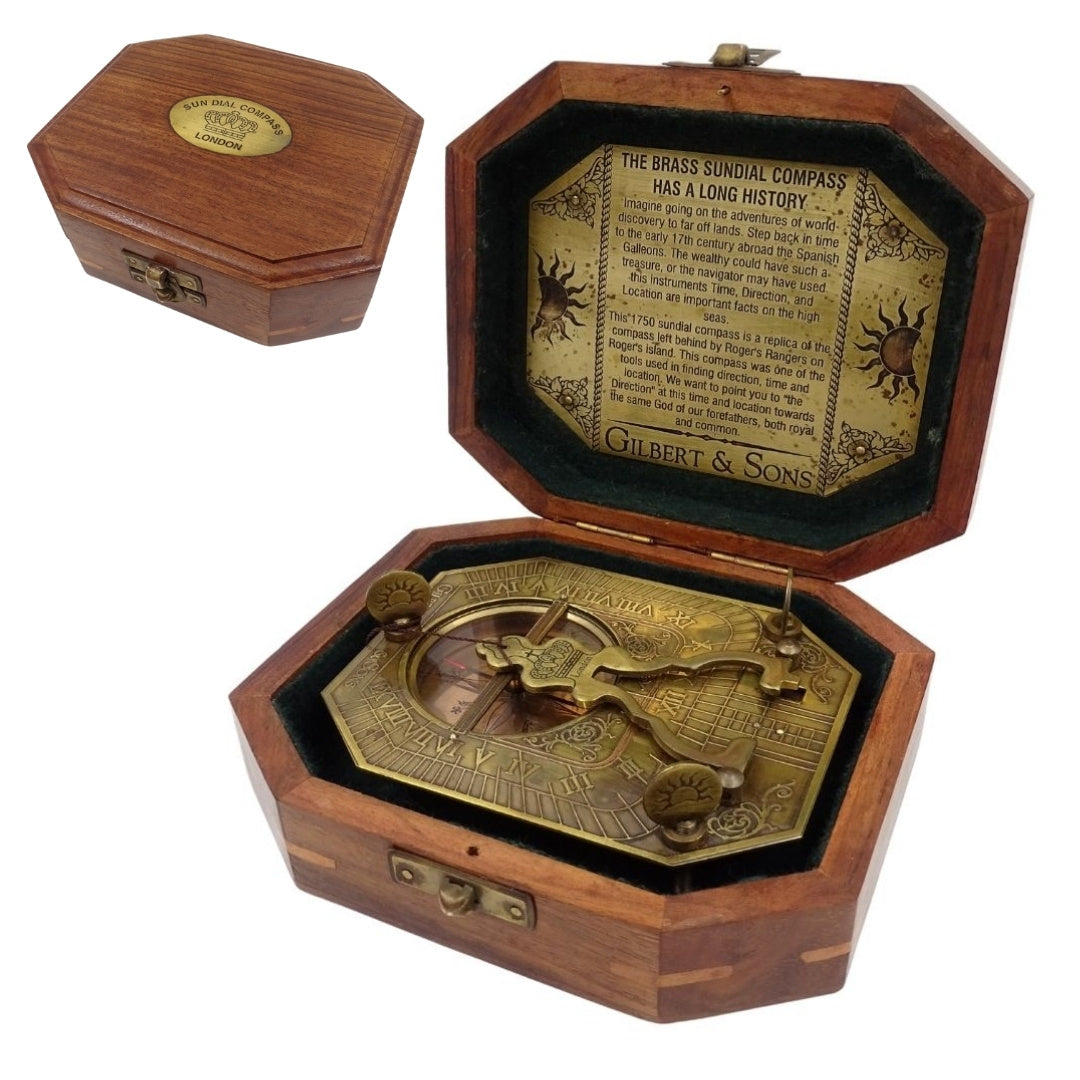 Cadran solaire avec boussole dans une boîte en bois – Cadeau rétro pour voyageur – SUN-0106
