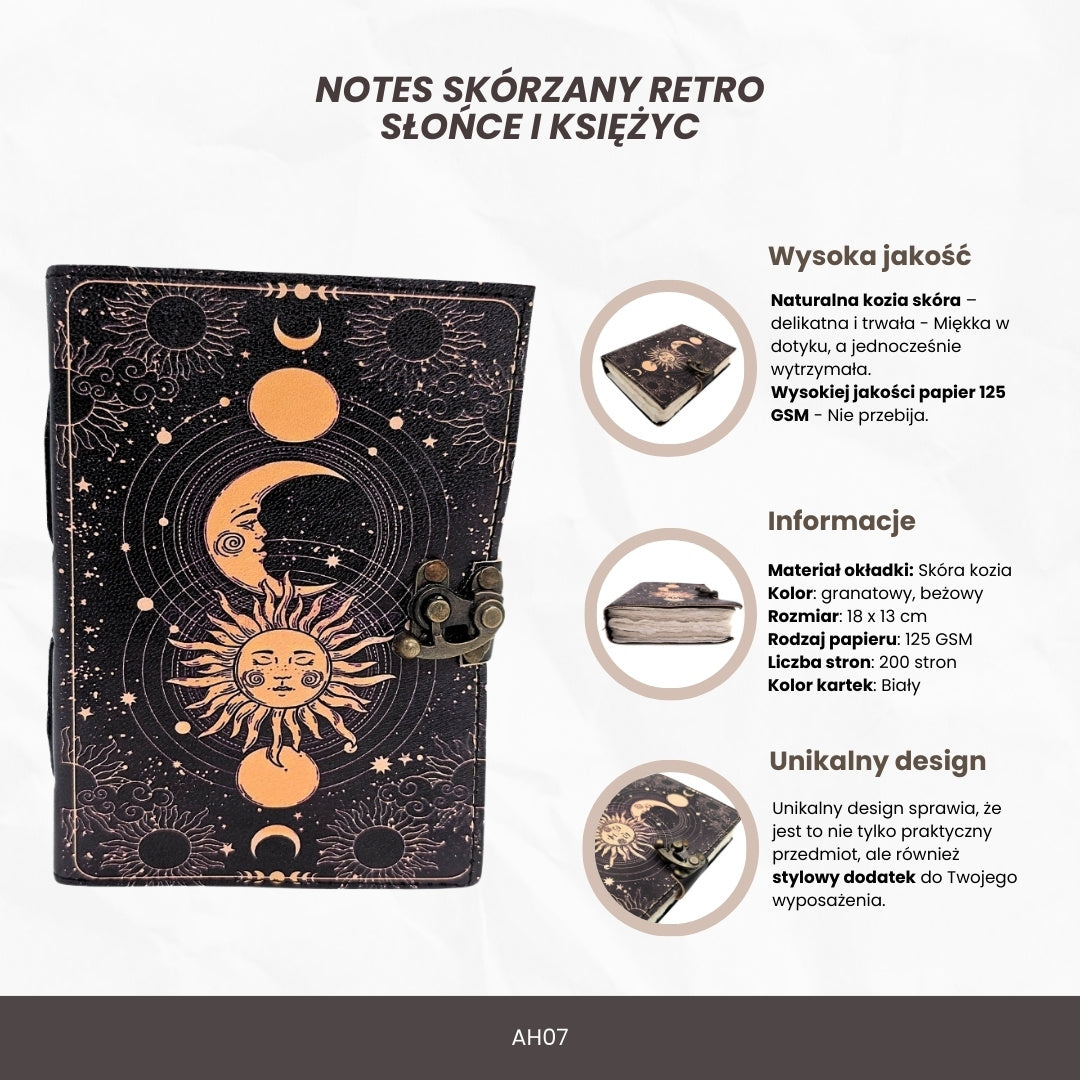 Carnet en cuir décoratif Soleil et Lune 200 pages - AH07