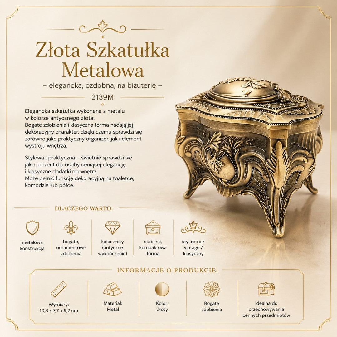 Coffret à bijoux métallique doré rétro - 2139M