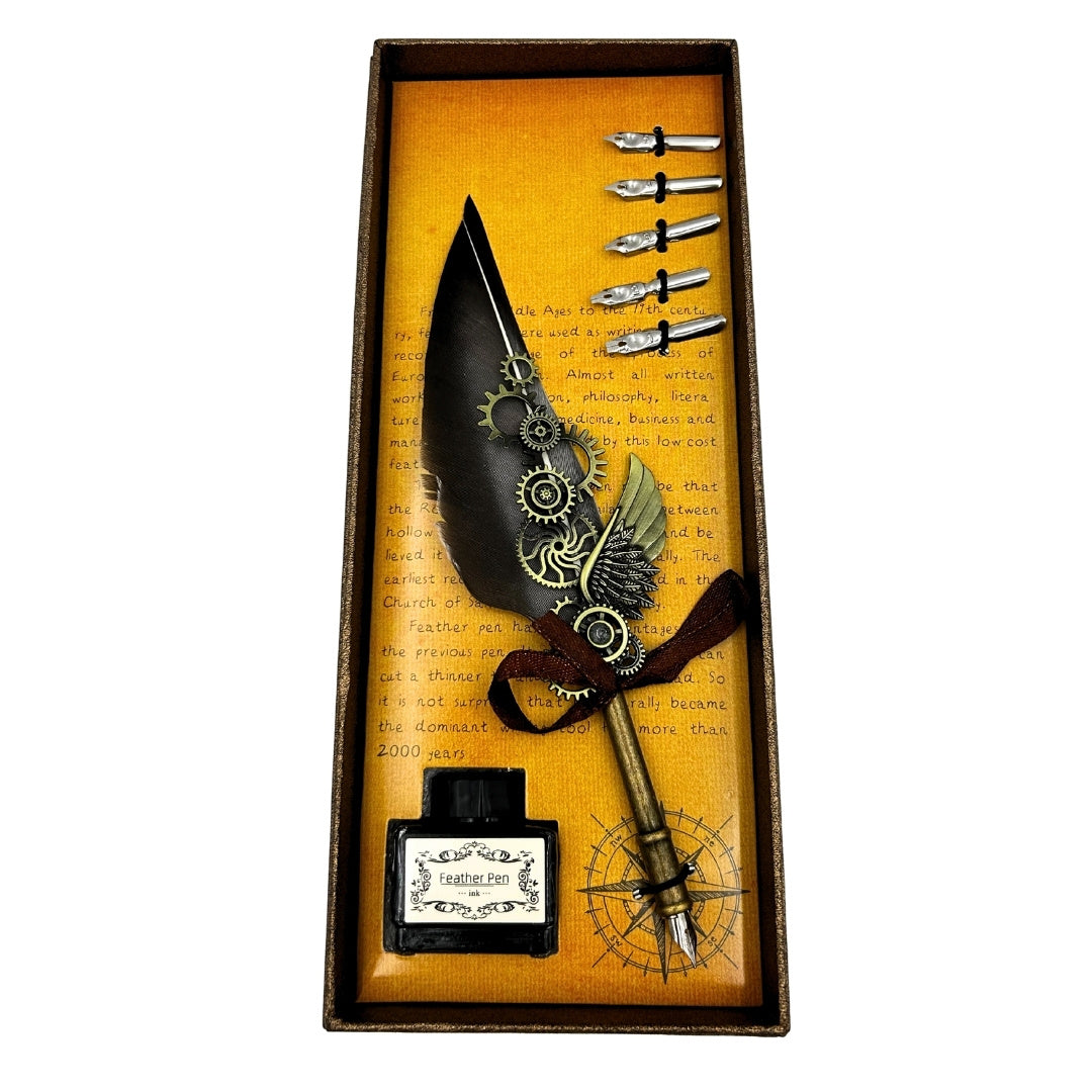Set de calligraphie rétro avec plume d’oie vintage, 6 plumes, encre, cadeau – EE5