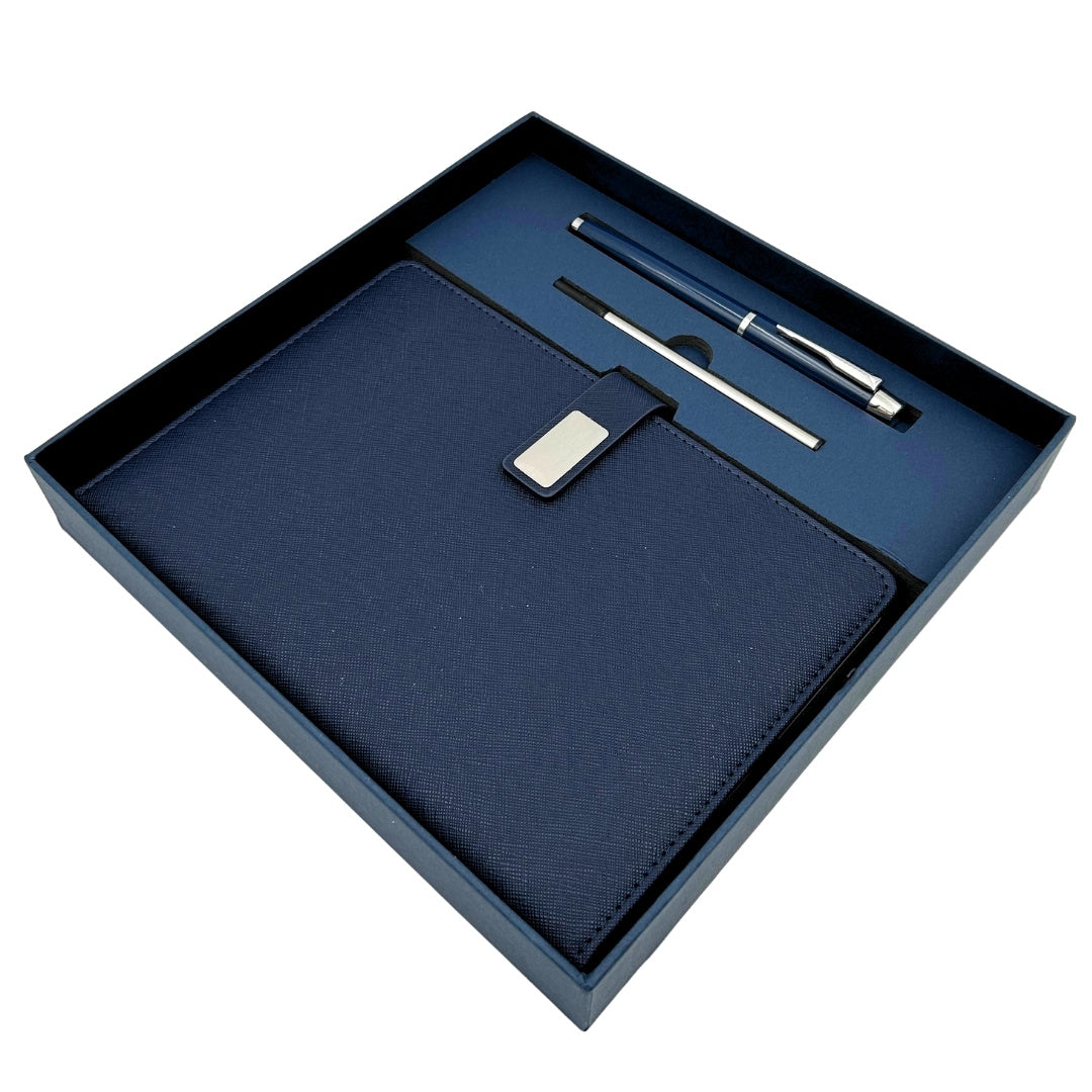 Coffret cadeau élégant carnet en cuir bleu marine A5 avec stylo dans une boîte cadeau - EE13