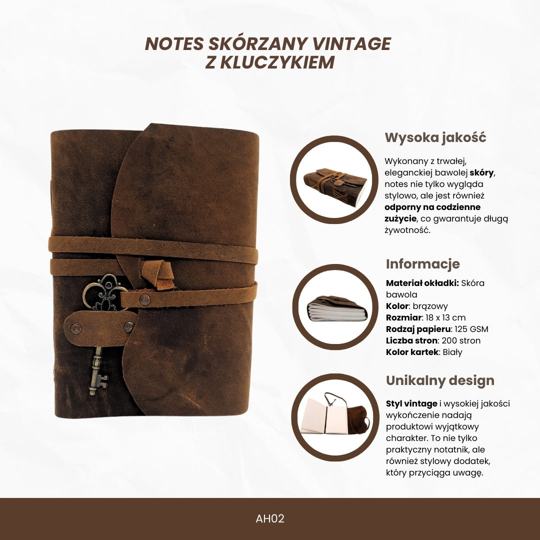 Carnet en cuir rétro avec petite clé et sangle 200 pages 18 x 13 cm - AH02