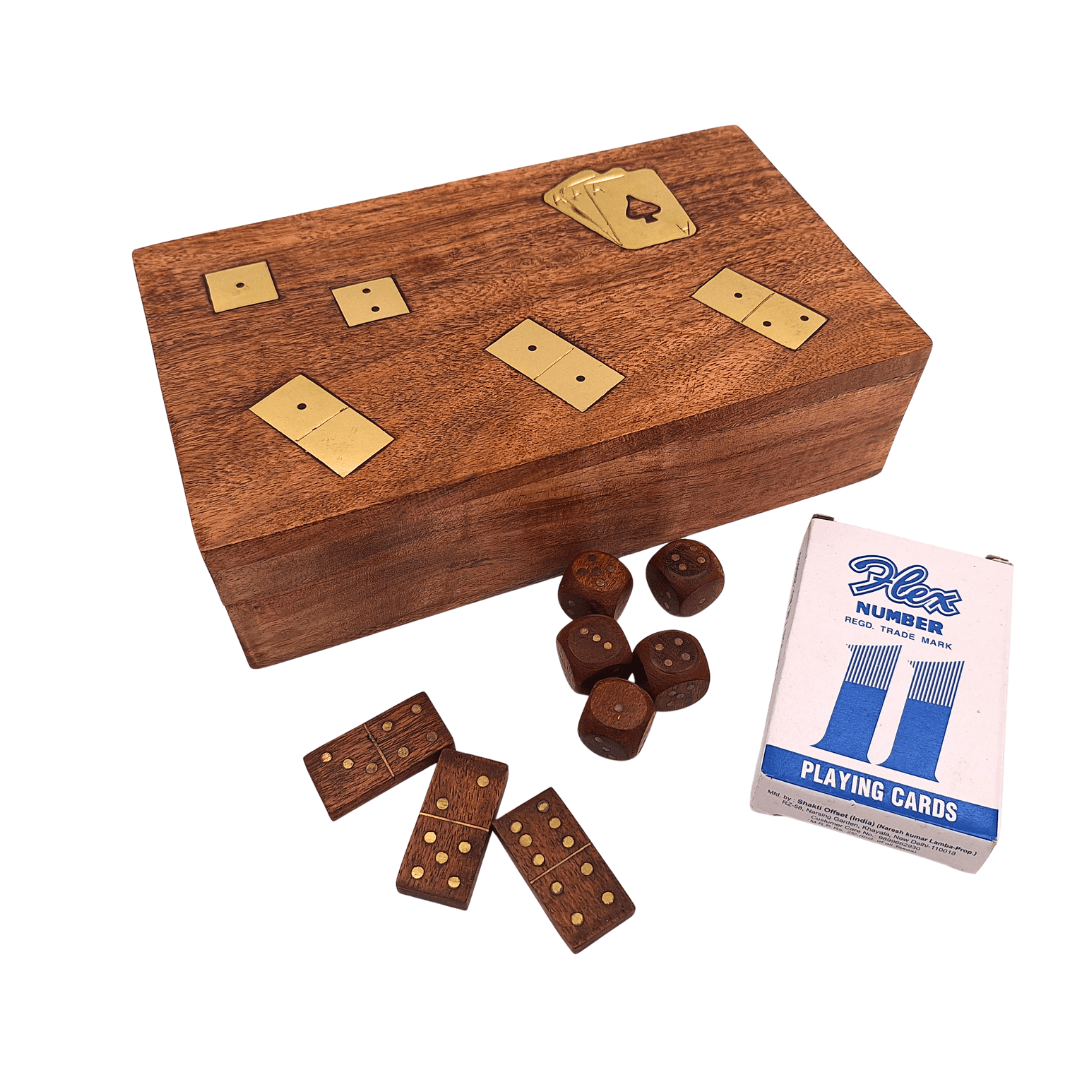 Ensemble de jeux 3 en 1 dans une boîte en bois : cartes, dominos, dés - DNU-011