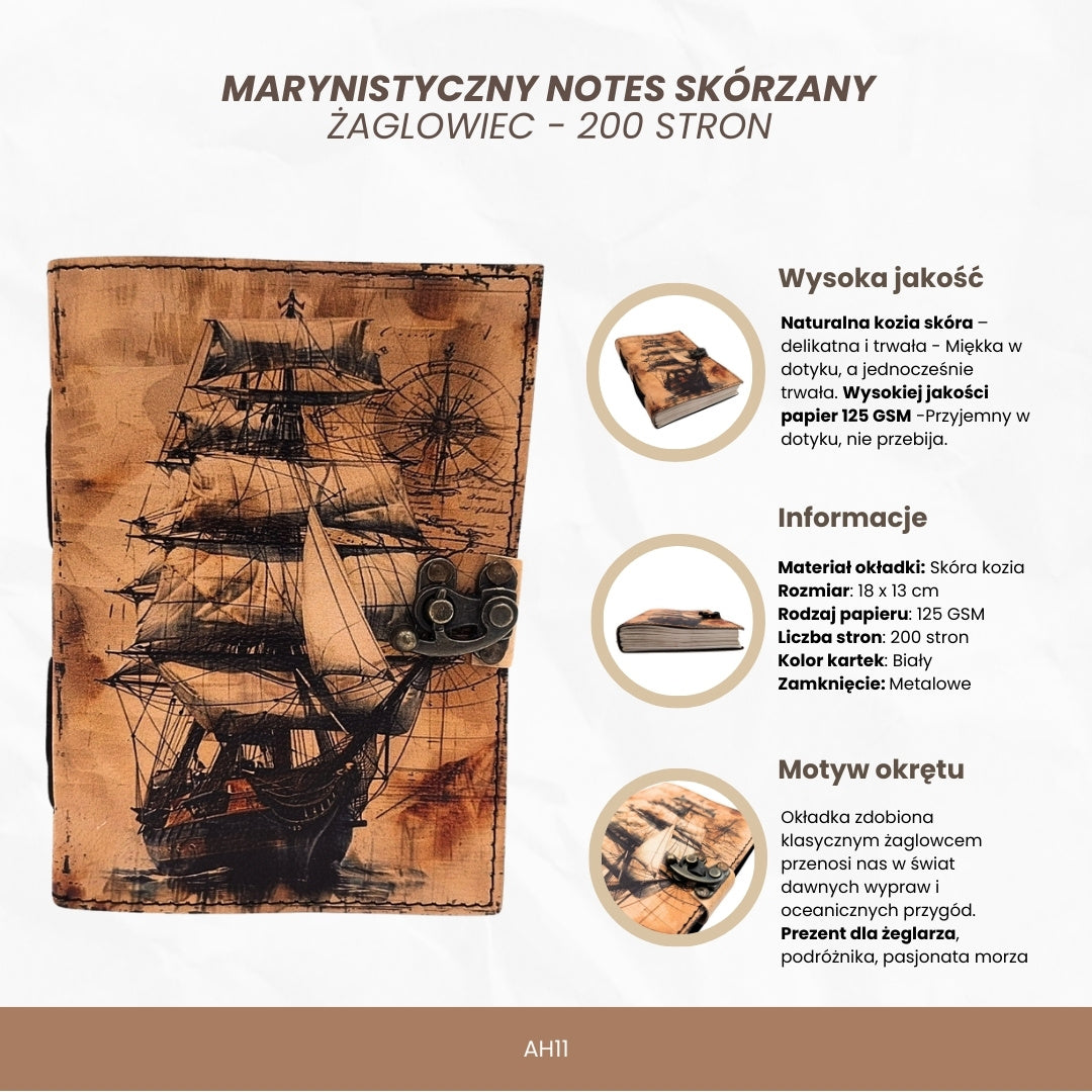 Carnet en cuir maritime Voilier rétro - Cadeau pour navigateur – AH11