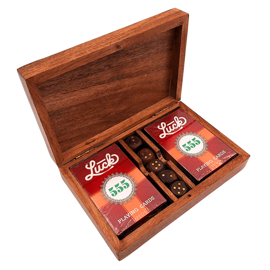 Ensemble de jeu - Deux jeux de cartes et dés à jouer dans une boîte en bois – Cadeau élégant pour joueur – DNU-008
