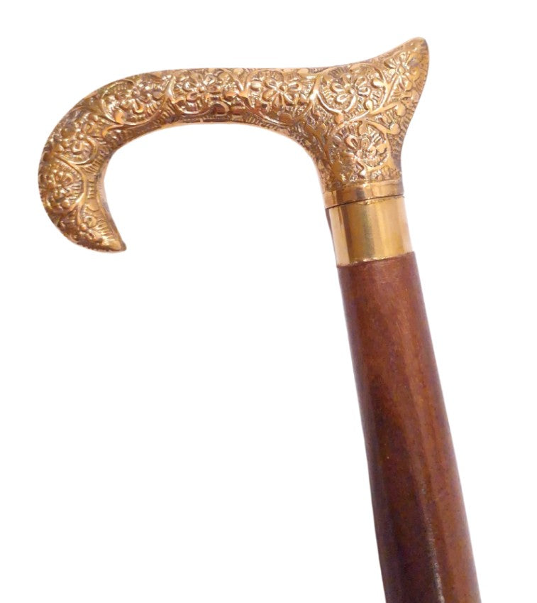 Holzgehstock mit goldenem Griff - faltbar - elegantes Geschenk mit Möglichkeit zur Personalisierung durch Gravur - 91,5 cm, braun mit Messinggriff