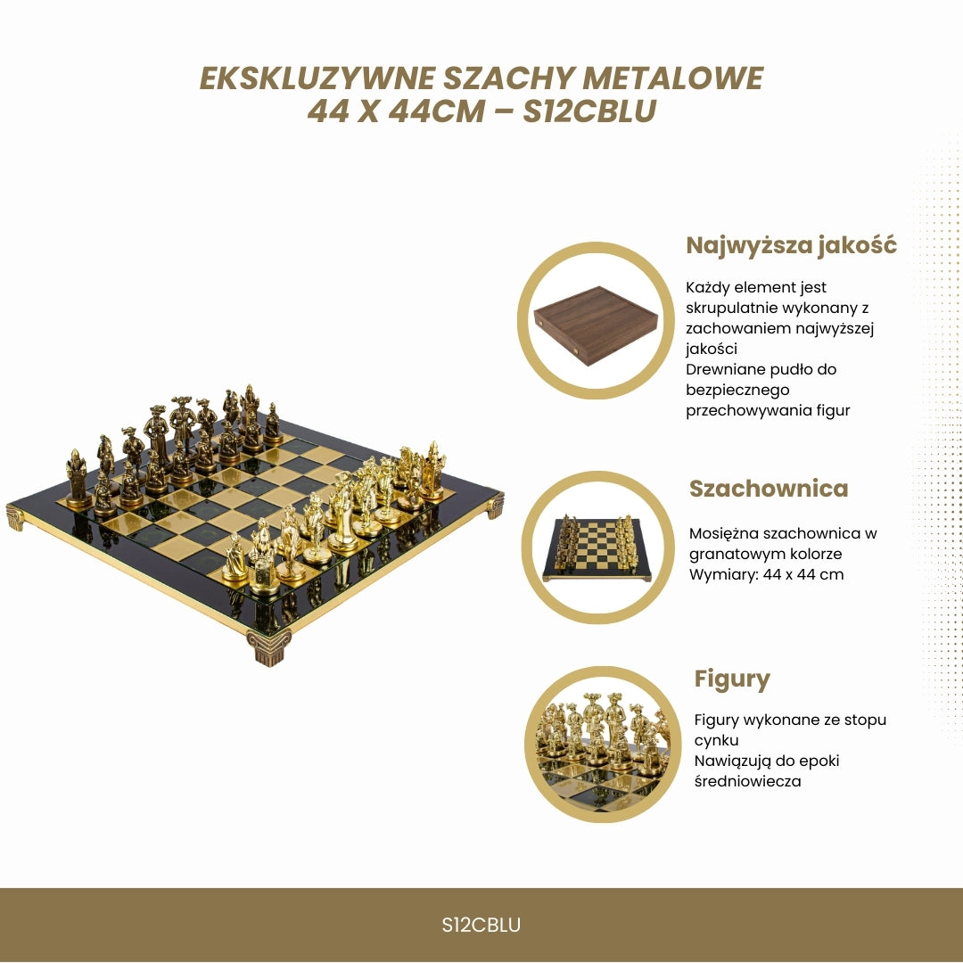 Échiquier métallique exclusif – Plateau d’échecs en laiton 44 x 44cm – Moyen Âge – S12CBLU