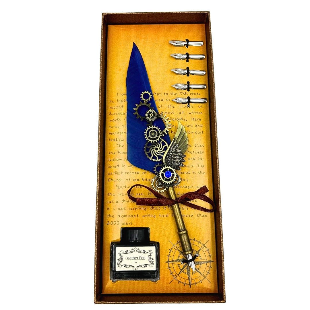 Coffret de calligraphie rétro avec plume d’oie bleue vintage, 6 plumes, encre, cadeau – EE11