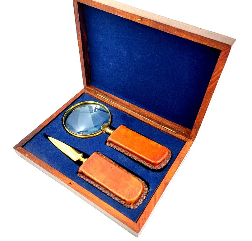 Loupe en laiton et coupe-papier - manche gainé de cuir MFPCSOL