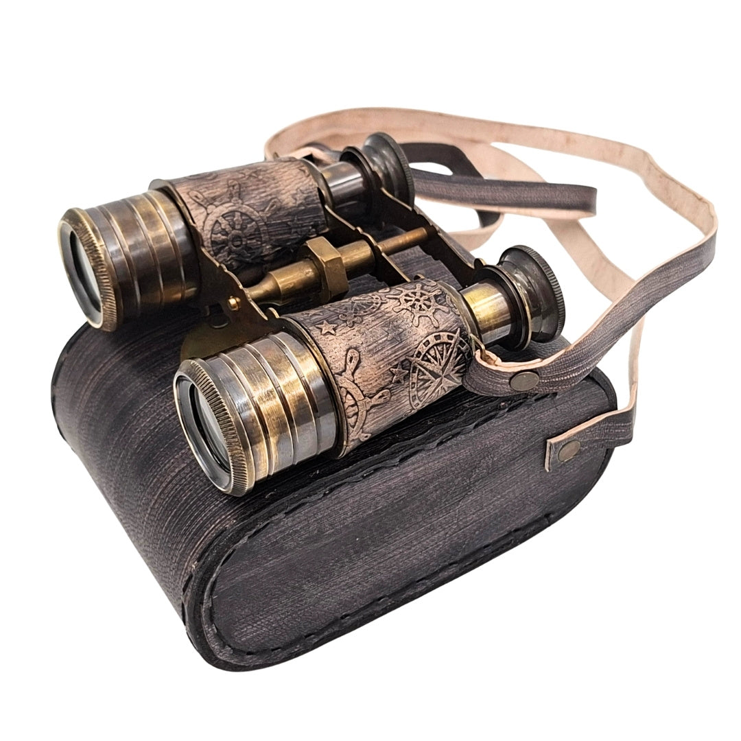 Brass Retro Binoculars in Leather Case with Personalization and Engraving Option