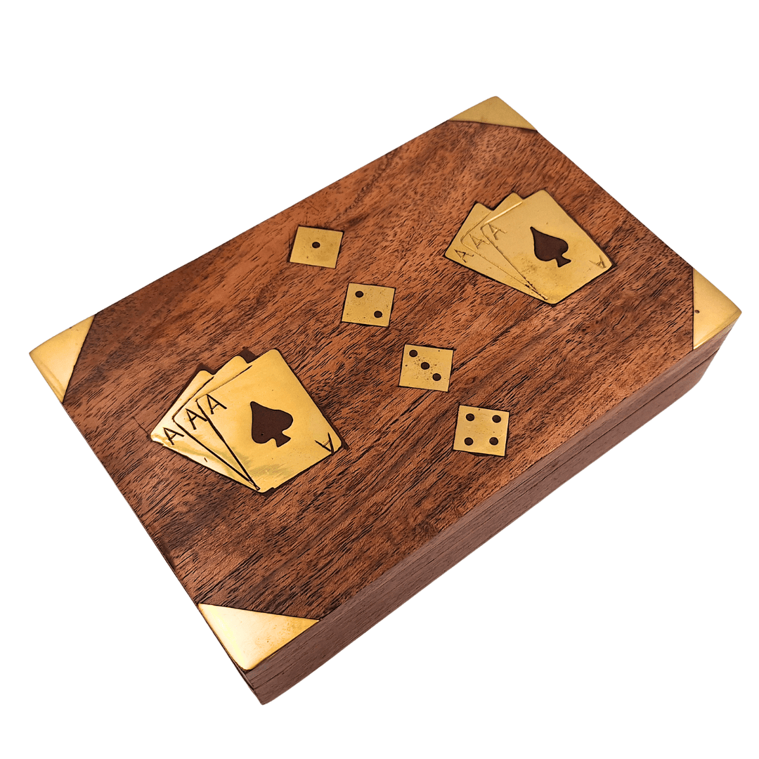 Ensemble de jeu - Deux jeux de cartes et dés à jouer dans une boîte en bois – Cadeau élégant pour joueur – DNU-008