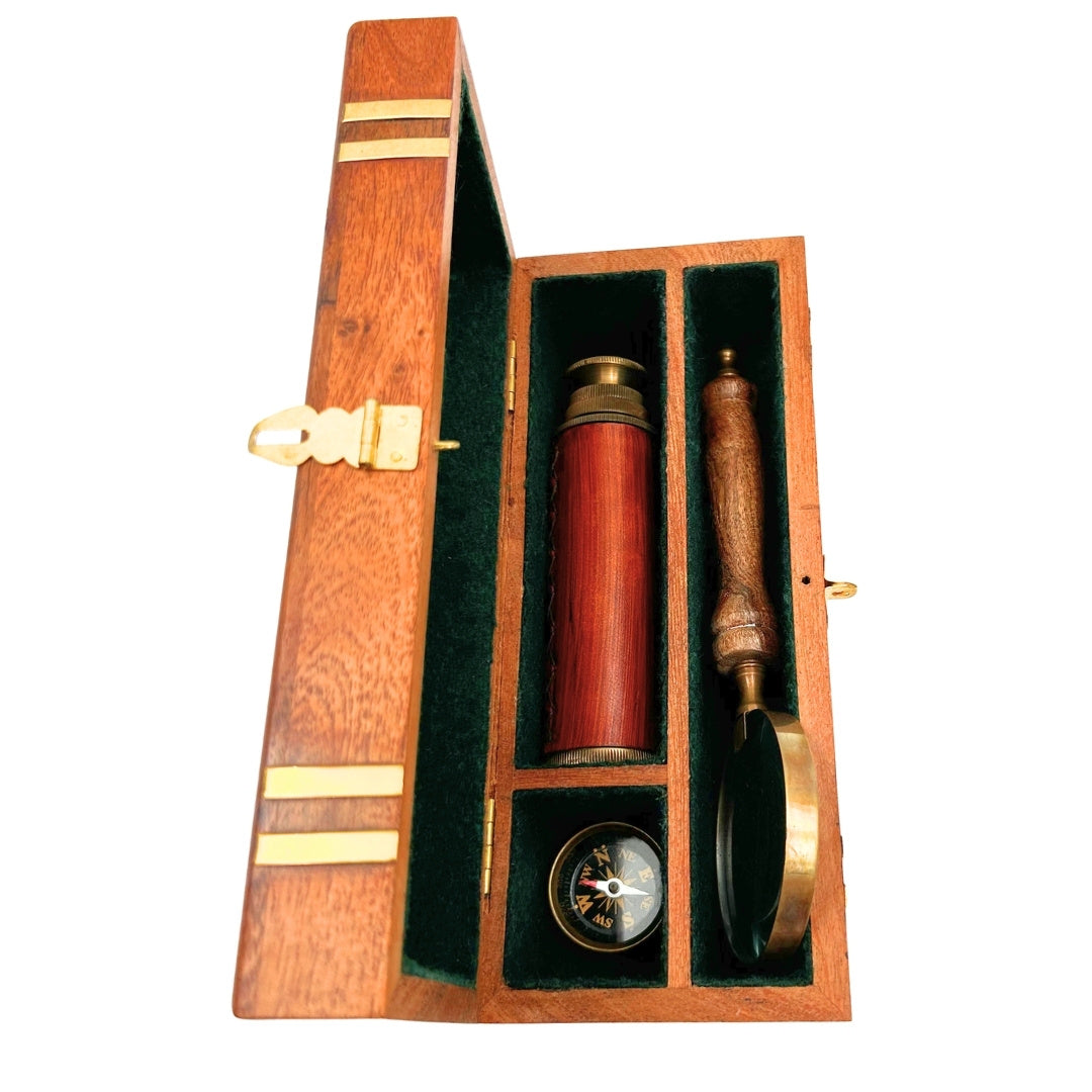 Coffret cadeau rétro exclusif – Longue-vue, boussole et loupe - NC102369