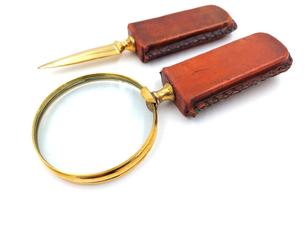 Loupe en laiton et coupe-papier - manche gainé de cuir MFPCSOL