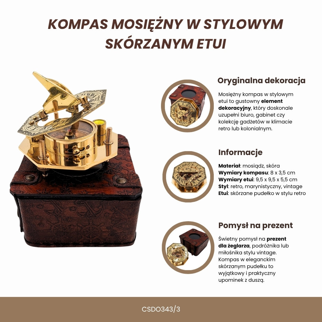 Brass Compass in a Stylish Leather Case with Engraving Option – Retro Vintage Gift for Travelers, Sailors - 8 cm Height, Elegant Brass Design