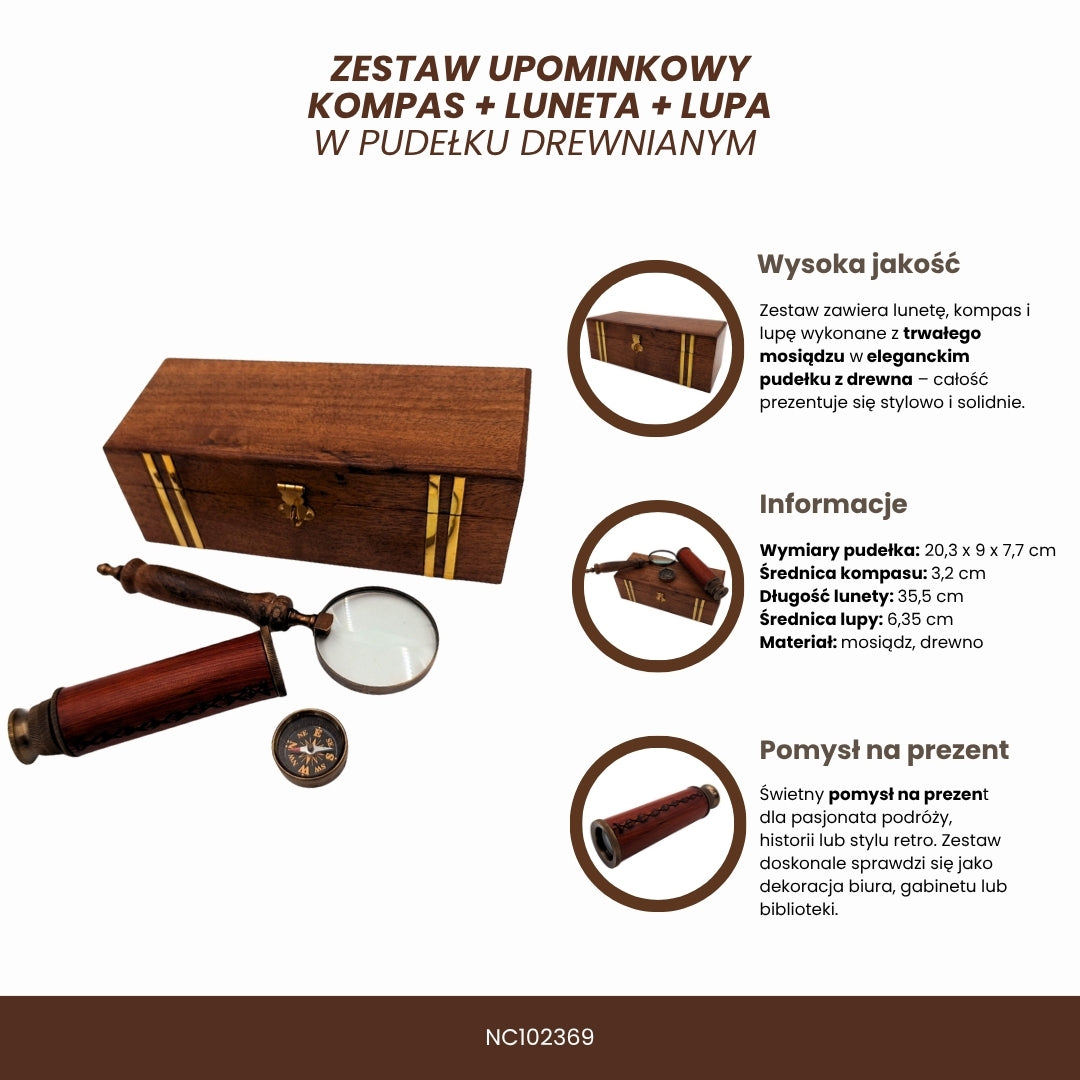 Coffret cadeau rétro exclusif – Longue-vue, boussole et loupe - NC102369