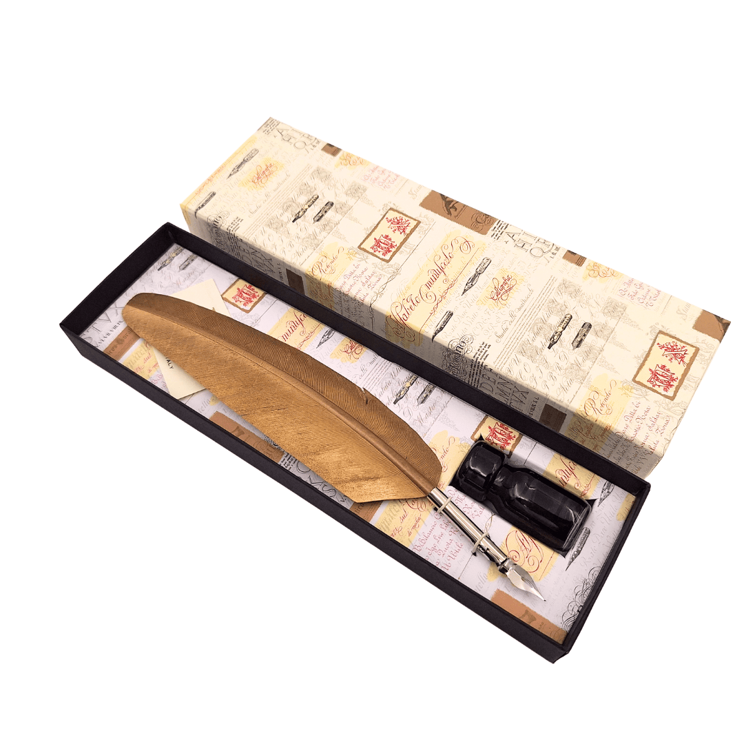 Set de calligraphie - plume d’oie dorée avec plume métallique + encre – 7262