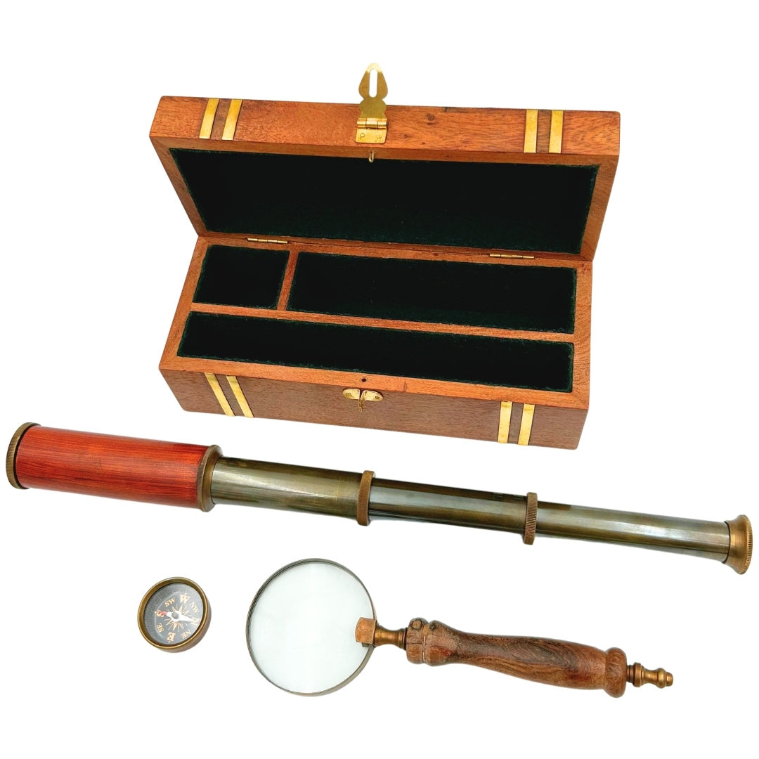 Coffret cadeau rétro exclusif – Longue-vue, boussole et loupe - NC102369