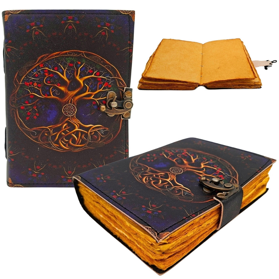 Carnet en cuir vintage rétro 200 pages - Cuir de chèvre - Arbre de vie - AH18