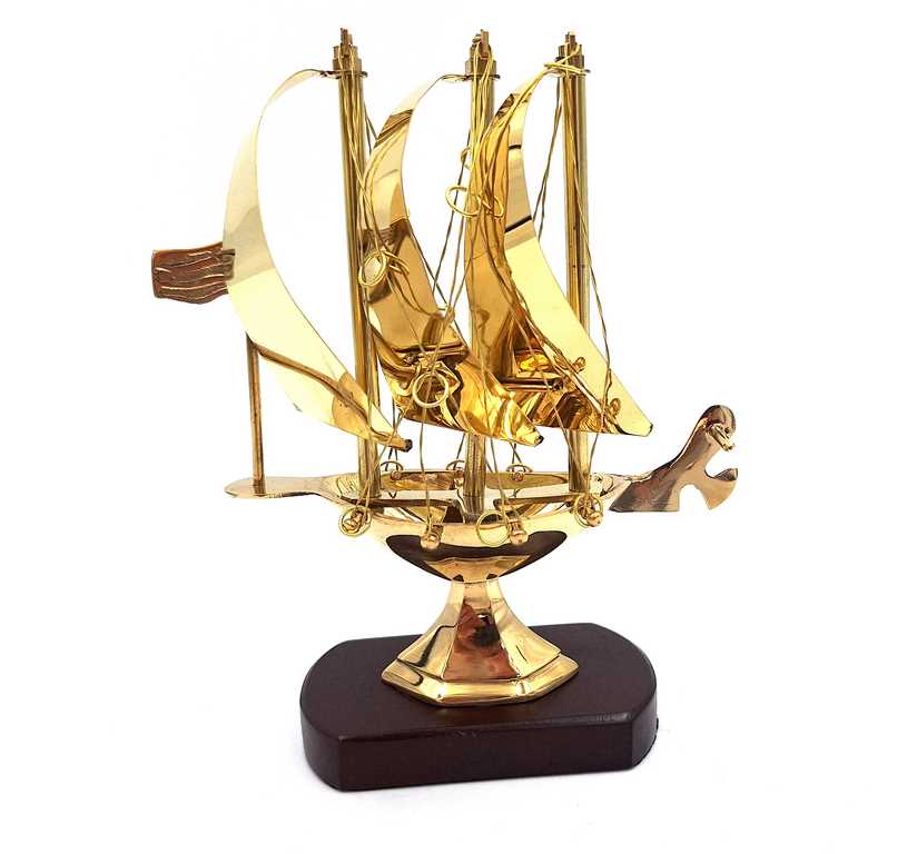 Navire en laiton sur socle en bois 20 cm - N-4450A