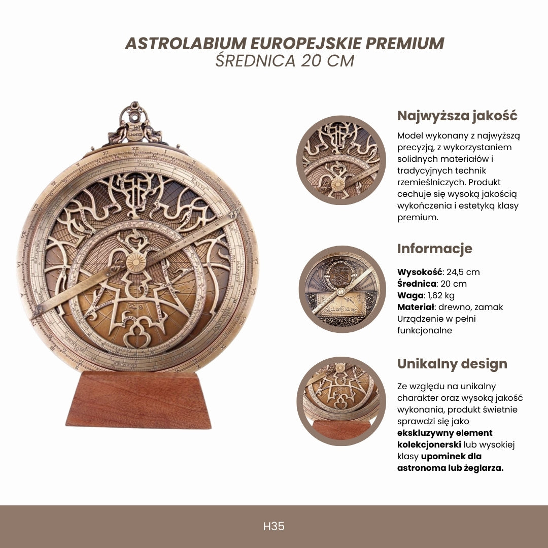 Grand astrolabe européen - diamètre 20 cm - cadeau premium pour astronome ou navigateur - H35