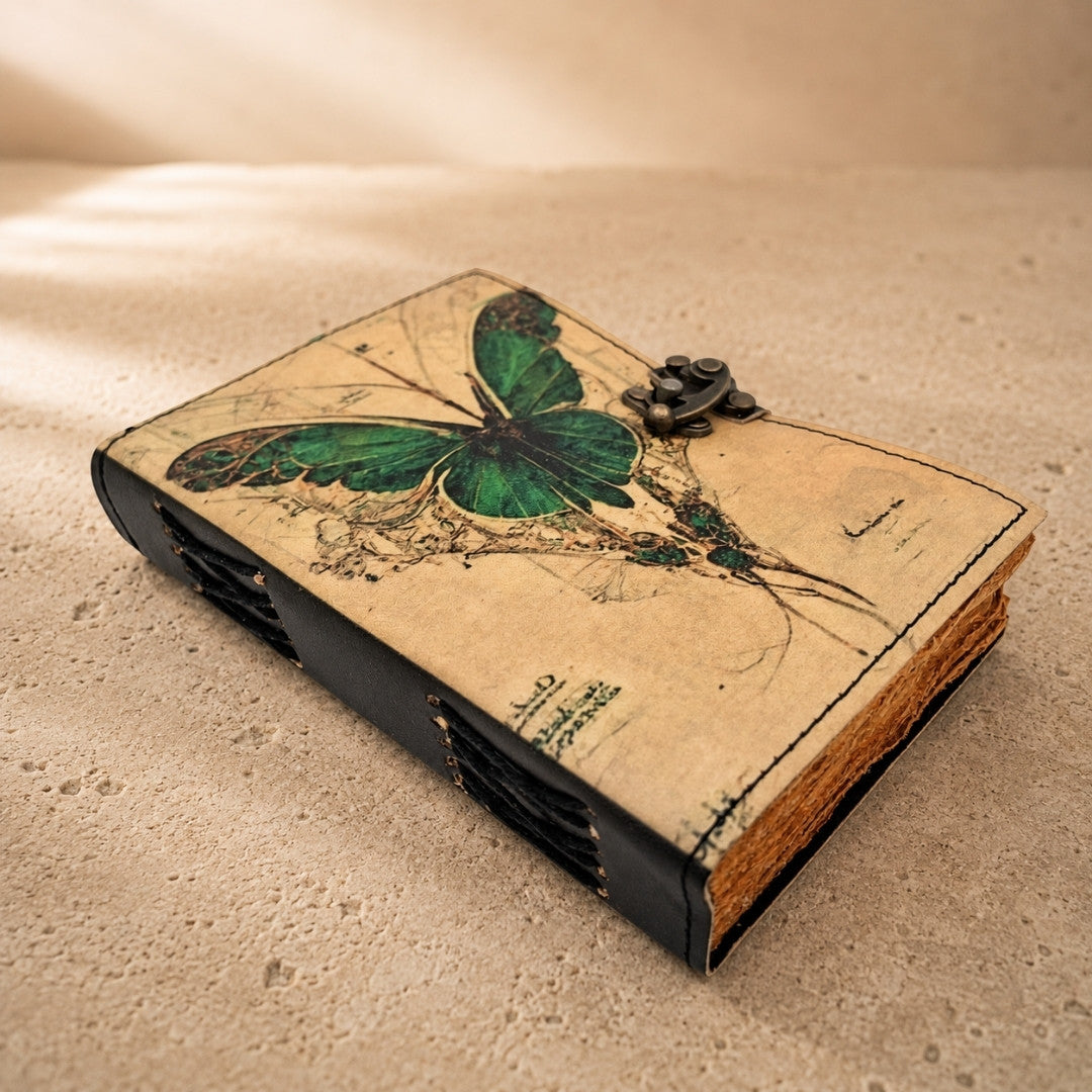 Carnet en cuir rétro Papillon - Cuir de chèvre 200 pages - AH20