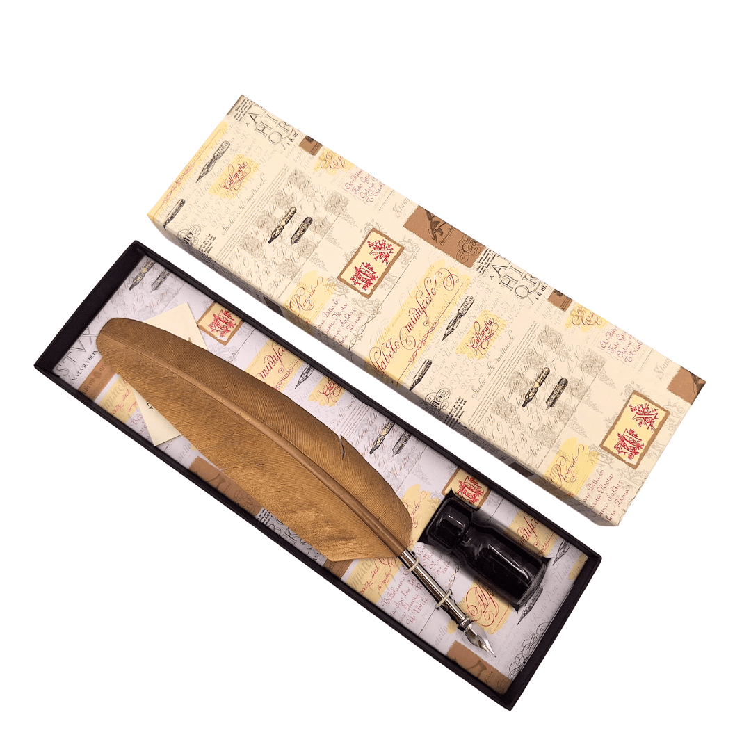 Set de calligraphie - plume d’oie dorée avec plume métallique + encre – 7262