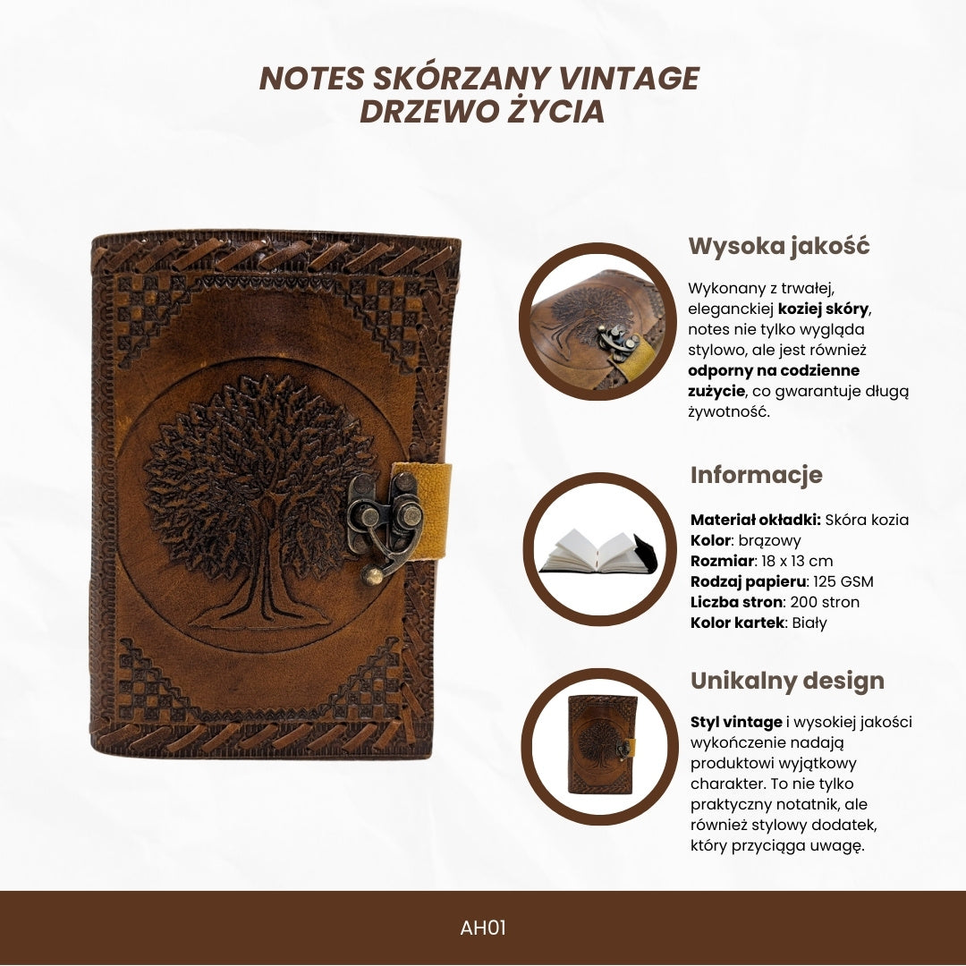 Carnet en cuir vintage rétro 200 pages – Arbre de Vie - AH01
