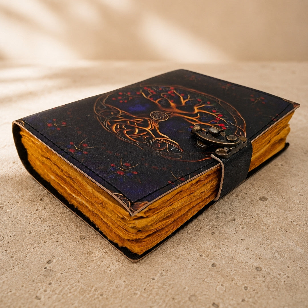 Carnet en cuir vintage rétro 200 pages - Cuir de chèvre - Arbre de vie - AH18