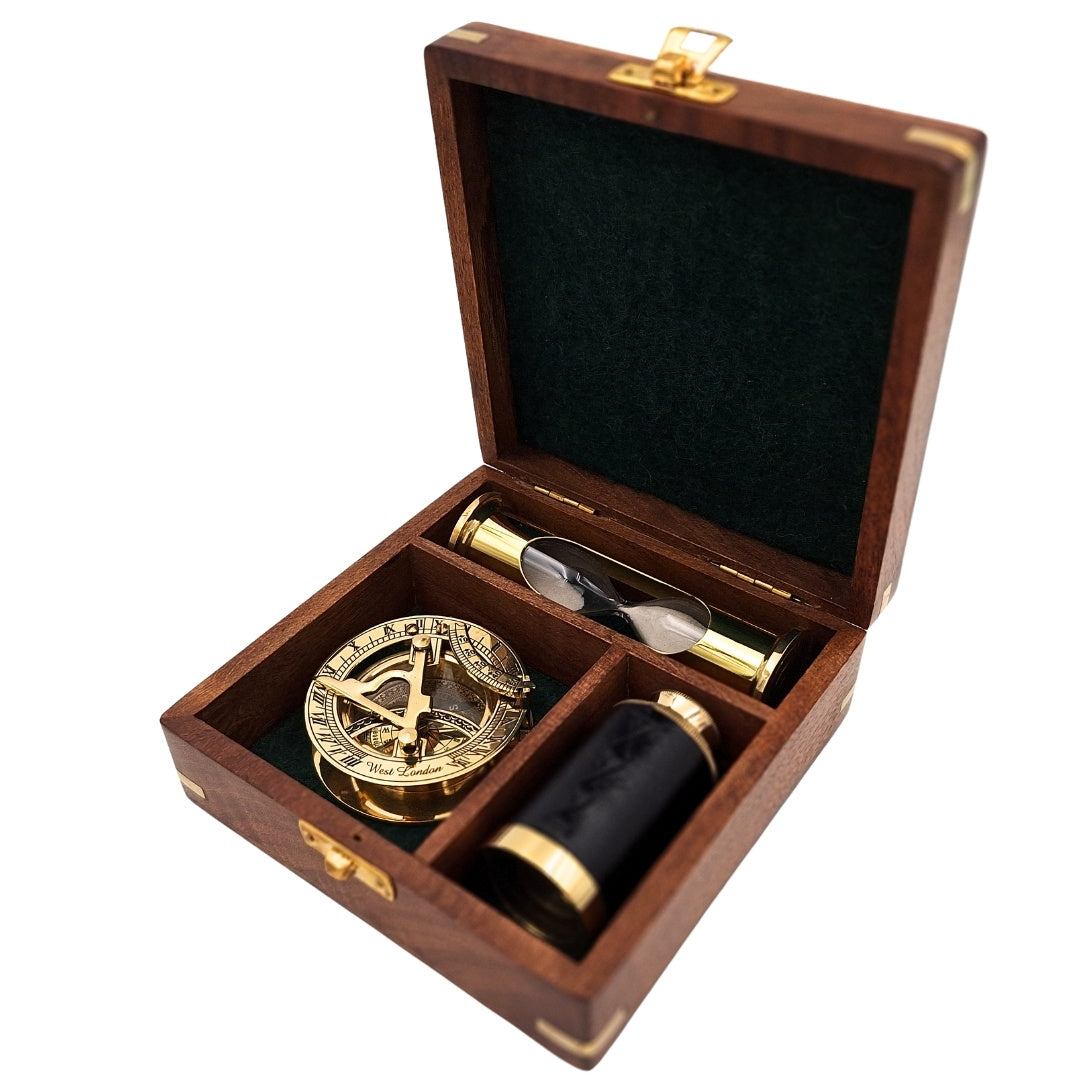 Retro Gift Set with Engraving – Brass Compass, Folding Telescope, Hourglass in a Wooden Box