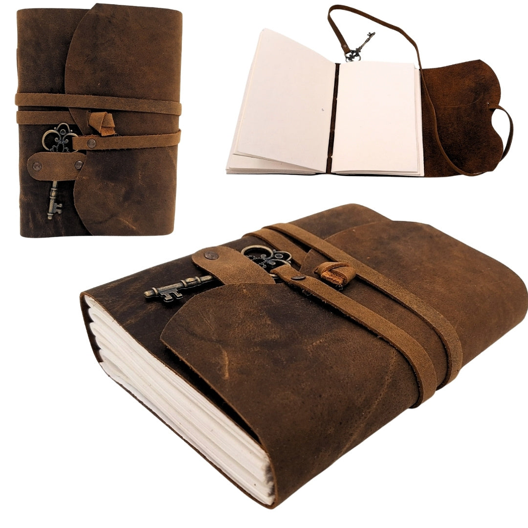 Carnet en cuir rétro avec petite clé et sangle 200 pages 18 x 13 cm - AH02