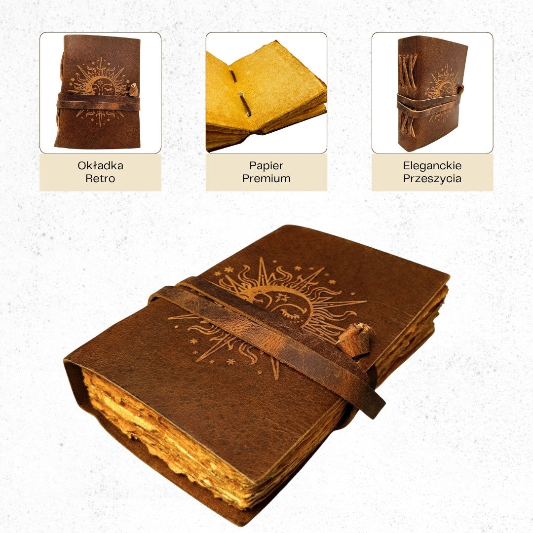 Carnet en cuir vintage 200 pages - Soleil et Lune - cuir de buffle – H038