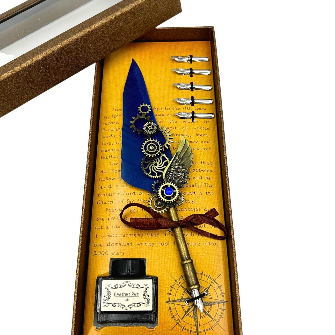 Coffret de calligraphie rétro avec plume d’oie bleue vintage, 6 plumes, encre, cadeau – EE11