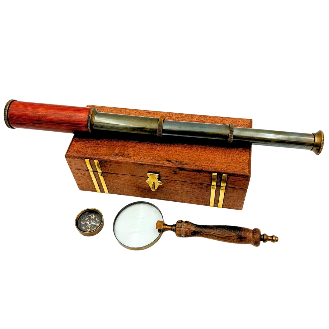 Coffret cadeau rétro exclusif – Longue-vue, boussole et loupe - NC102369