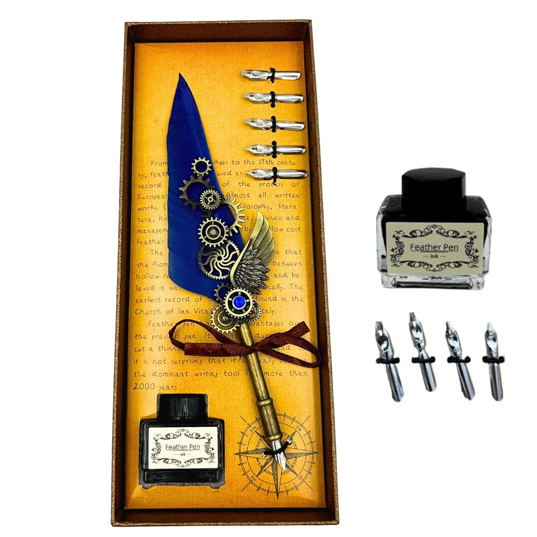Coffret de calligraphie rétro avec plume d’oie bleue vintage, 6 plumes, encre, cadeau – EE11