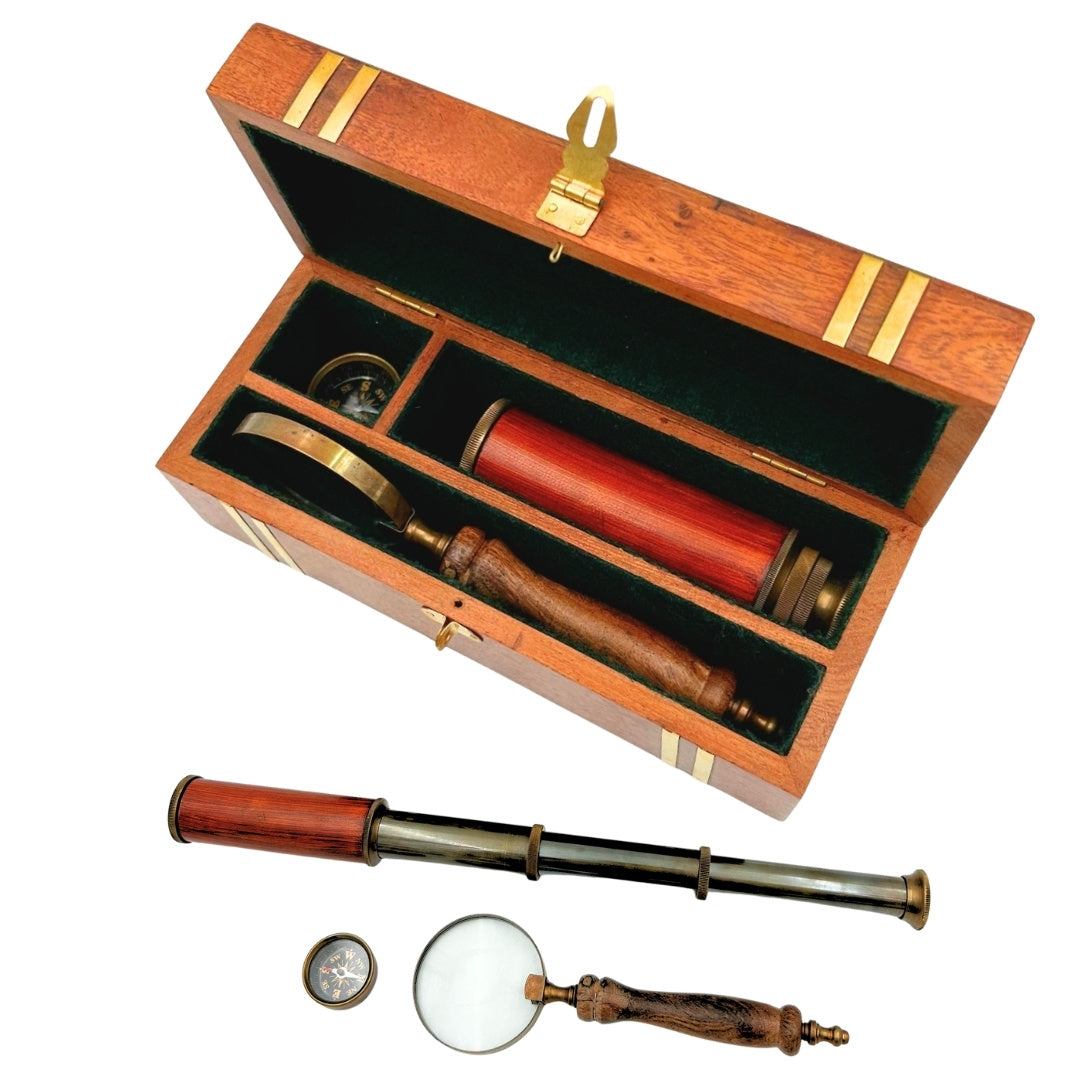 Coffret cadeau rétro exclusif – Longue-vue, boussole et loupe - NC102369
