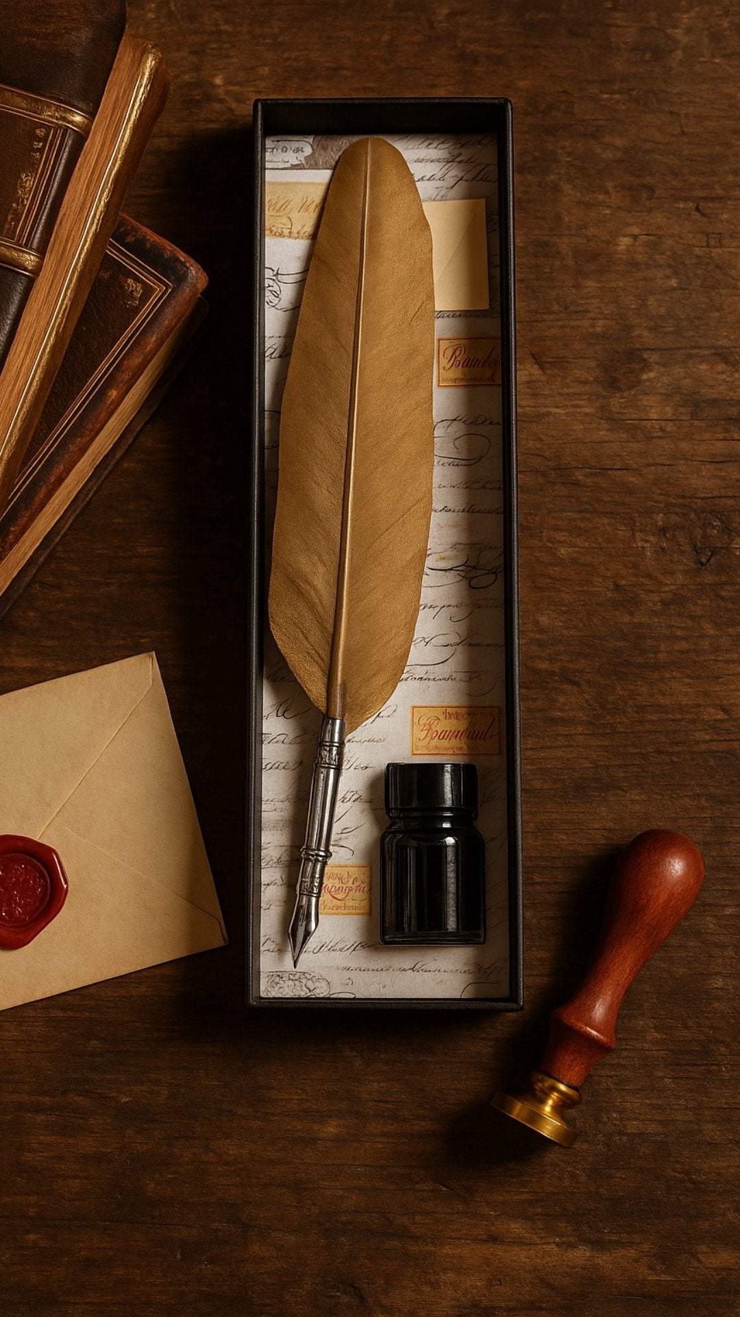 Set de calligraphie - plume d’oie dorée avec plume métallique + encre – 7262